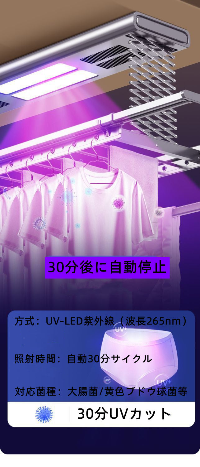 物干しスタンド洗濯物干し電動衣類乾燥ラックスマート衣類乾燥ラックリモコン昇降インテリジェント乾燥伸縮衣類乾燥ラック照明付き埋め込み衣類乾燥照明、リモコン昇降、空気乾燥、殺菌