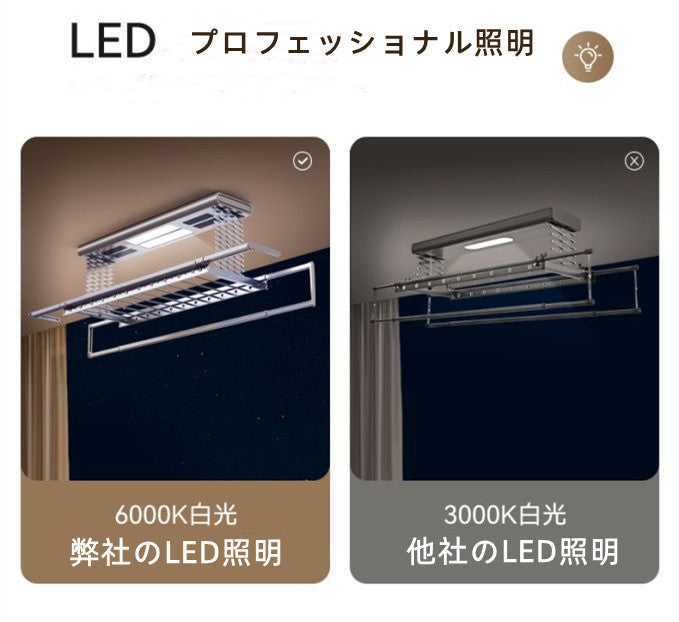 物干しスタンド洗濯物干し電動衣類乾燥ラックスマート衣類乾燥ラックリモコン昇降インテリジェント乾燥伸縮衣類乾燥ラック照明付き埋め込み衣類乾燥照明、リモコン昇降、空気乾燥、殺菌