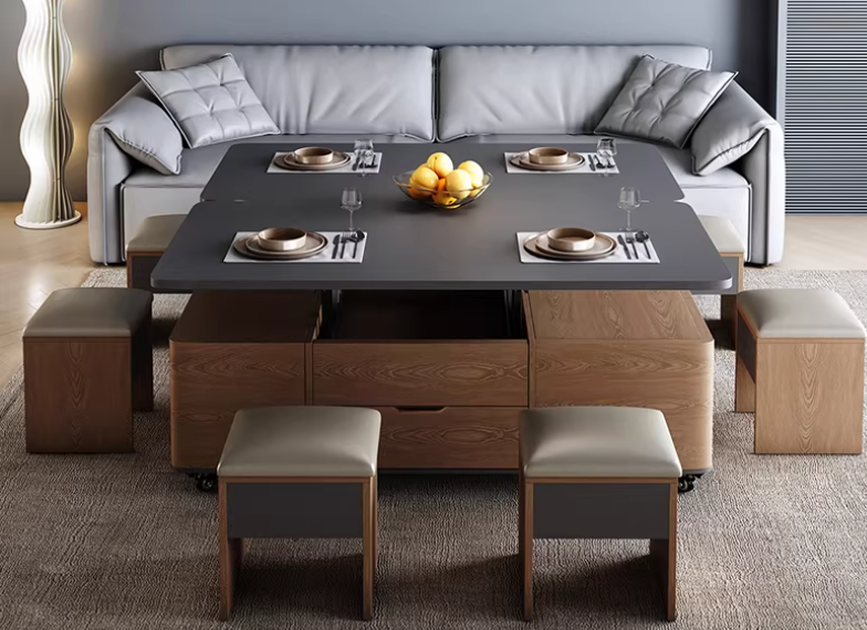 昇降式多機能セラミックテーブル 茶器・食卓一体型 小スペース対応収納テーブル 昇降テーブル ダイニングテーブル